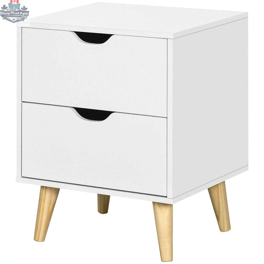 White Jesse nightstand with two drawers and pine wood legs, bedroom furniture by SLOTH Nation, shown in a modern bedroom setting.