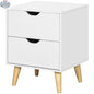 White Jesse nightstand with two drawers and pine wood legs, bedroom furniture by SLOTH Nation, shown in a modern bedroom setting.
