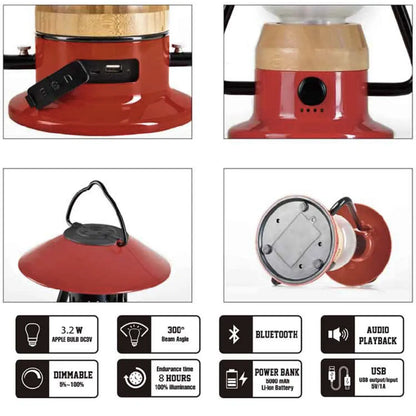 Zoppinh TRU De-Light Romantico LED lantern in fire red with rechargeable light and Bluetooth speaker, showing colorful design and controls.