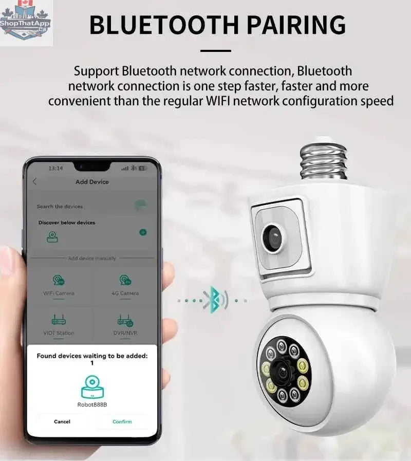 777tech 8MP WiFi bulb camera with 4K dual lens, auto tracking, two-way audio, night vision, and CCTV security features.