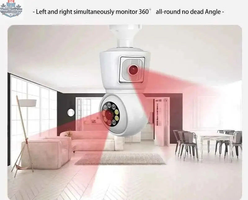 777tech 8MP WiFi Camera Bulb with 4K dual lens, auto tracking, two-way audio, night vision, and CCTV security features.