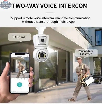 777tech 8MP WiFi bulb camera with 4K dual lenses, auto tracking, two-way audio, night vision, CCTV security, and sleek design.