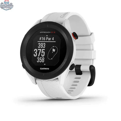 White Approach S12 Golf GPS watch by The Golfather Ltd. with a sleek display showing distance readings and golf course mapping.