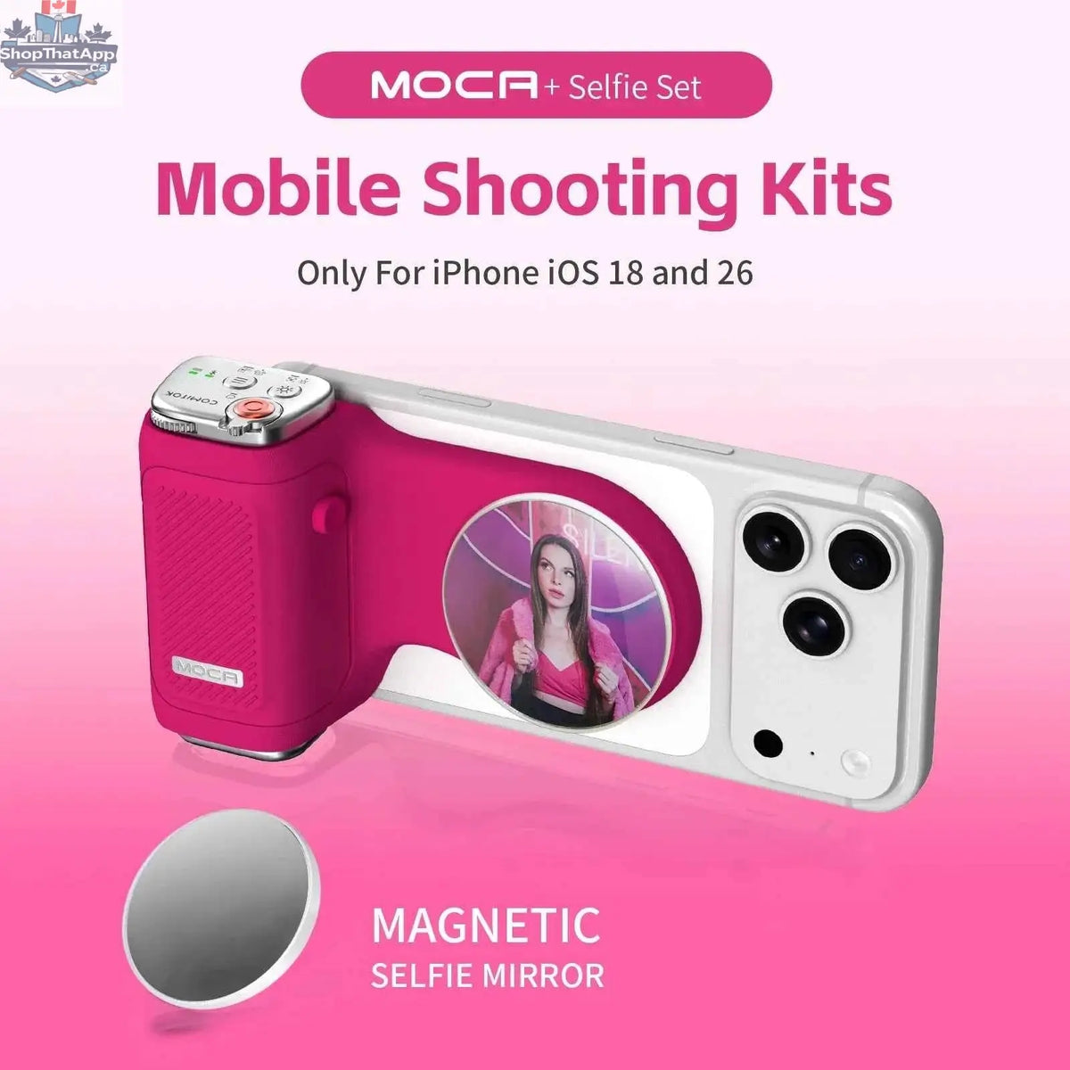 COMITOK MOCA iPhone shooting grip with Bluetooth remote, DSLR shutter, focus lock, fill light, and mirror by 777tech