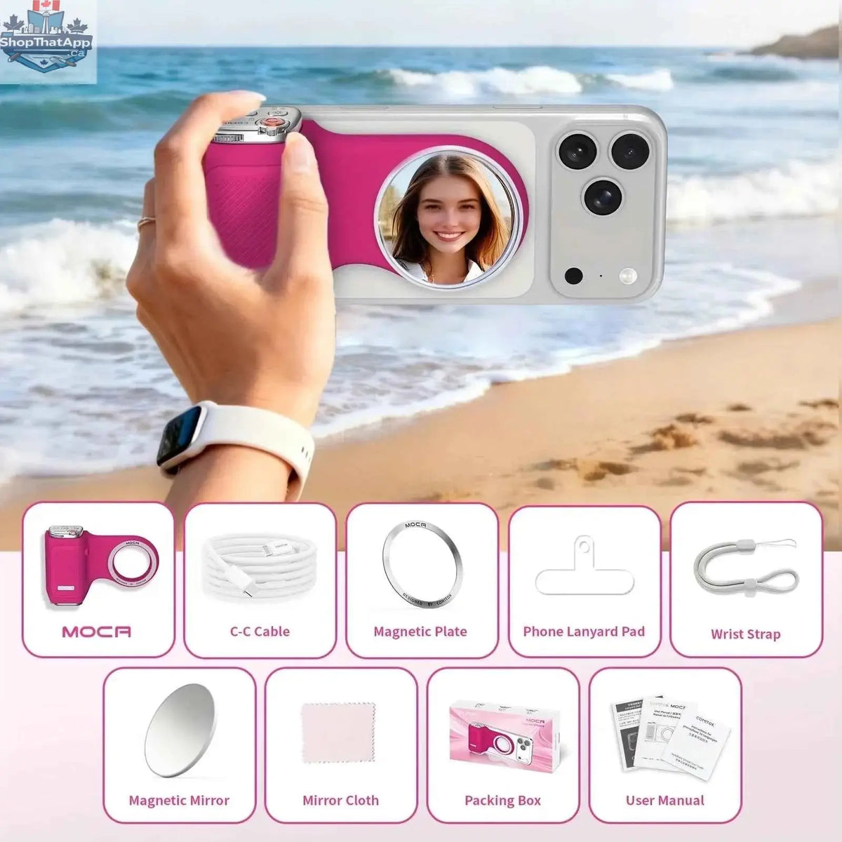 COMITOK MOCA iPhone shooting grip with detachable Bluetooth remote, DSLR shutter, focus lock, fill light, and mirror by 777tech