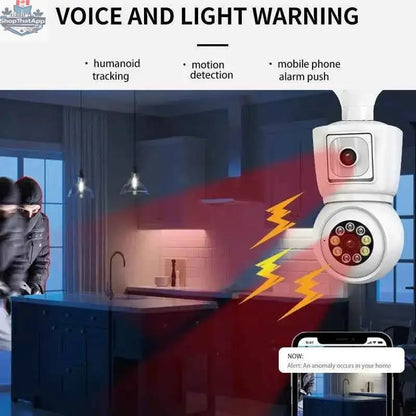 777tech 8MP WiFi bulb camera with 4K dual lens, night vision, auto tracking, two-way audio, and CCTV security features.