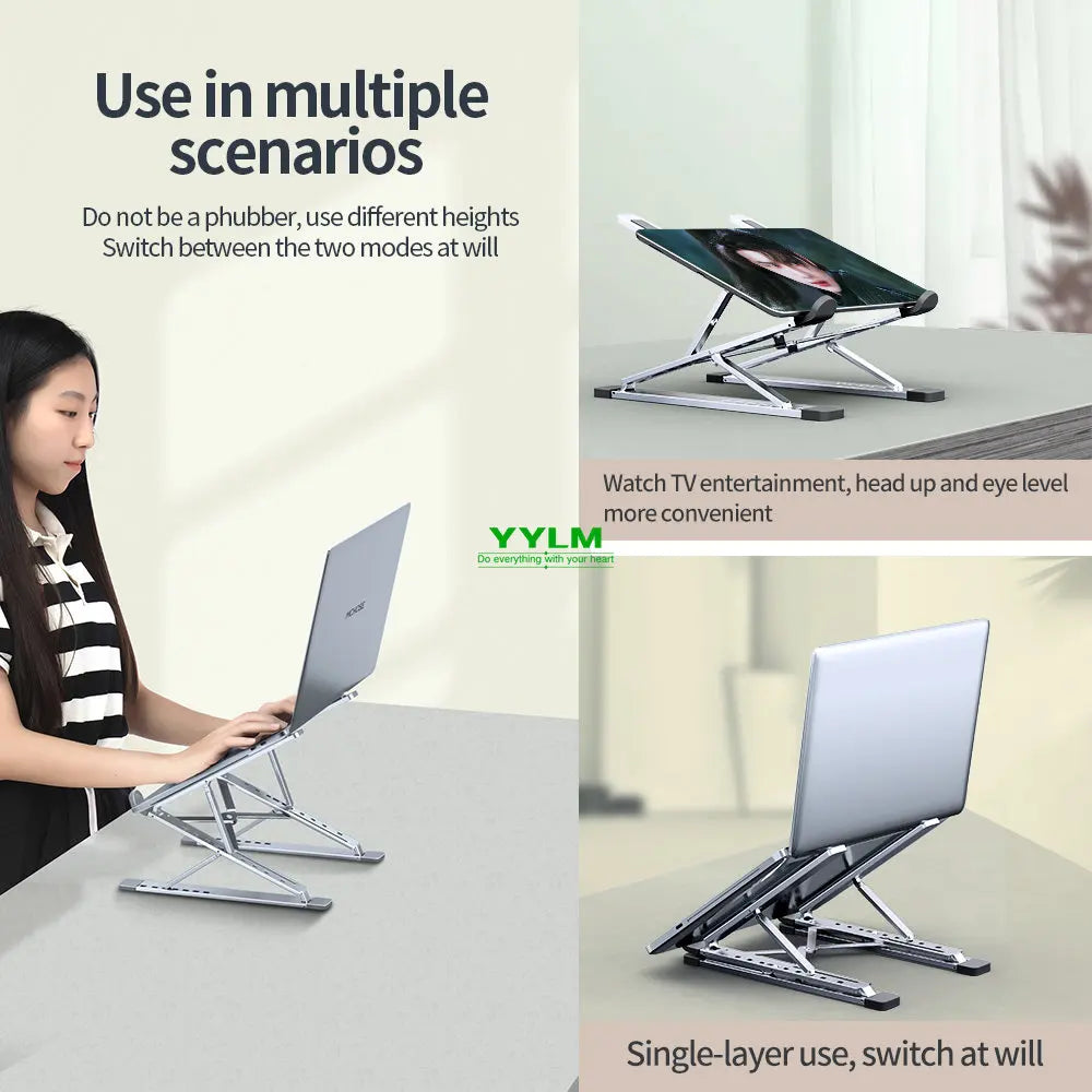 YYLM Aluminum Laptop Stand — Portable Foldable Cooling Riser for MacBook & Notebooks