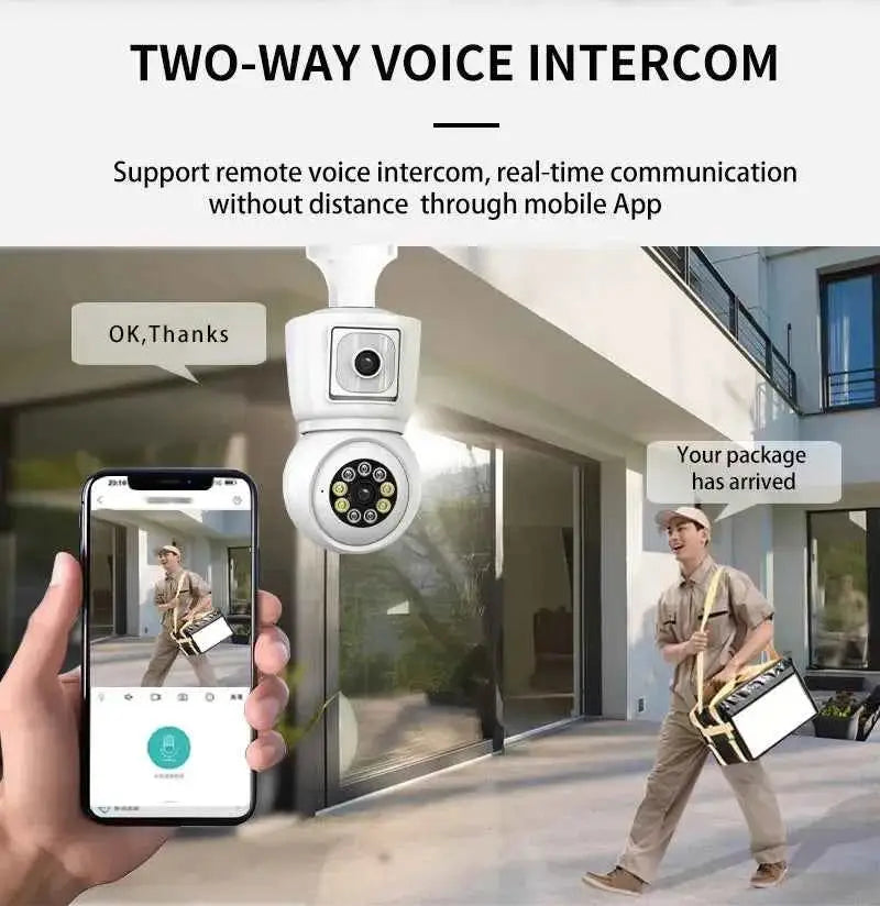 777tech 8MP WiFi camera bulb with 4K dual lens, auto tracking, two-way audio, night vision, and CCTV security features.