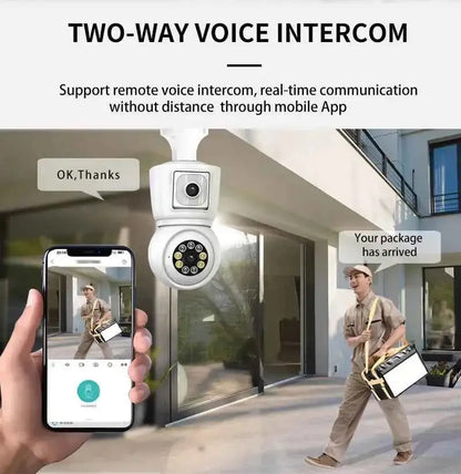 777tech 8MP WiFi camera bulb with 4K dual lens, auto tracking, two-way audio, night vision, and CCTV security features.
