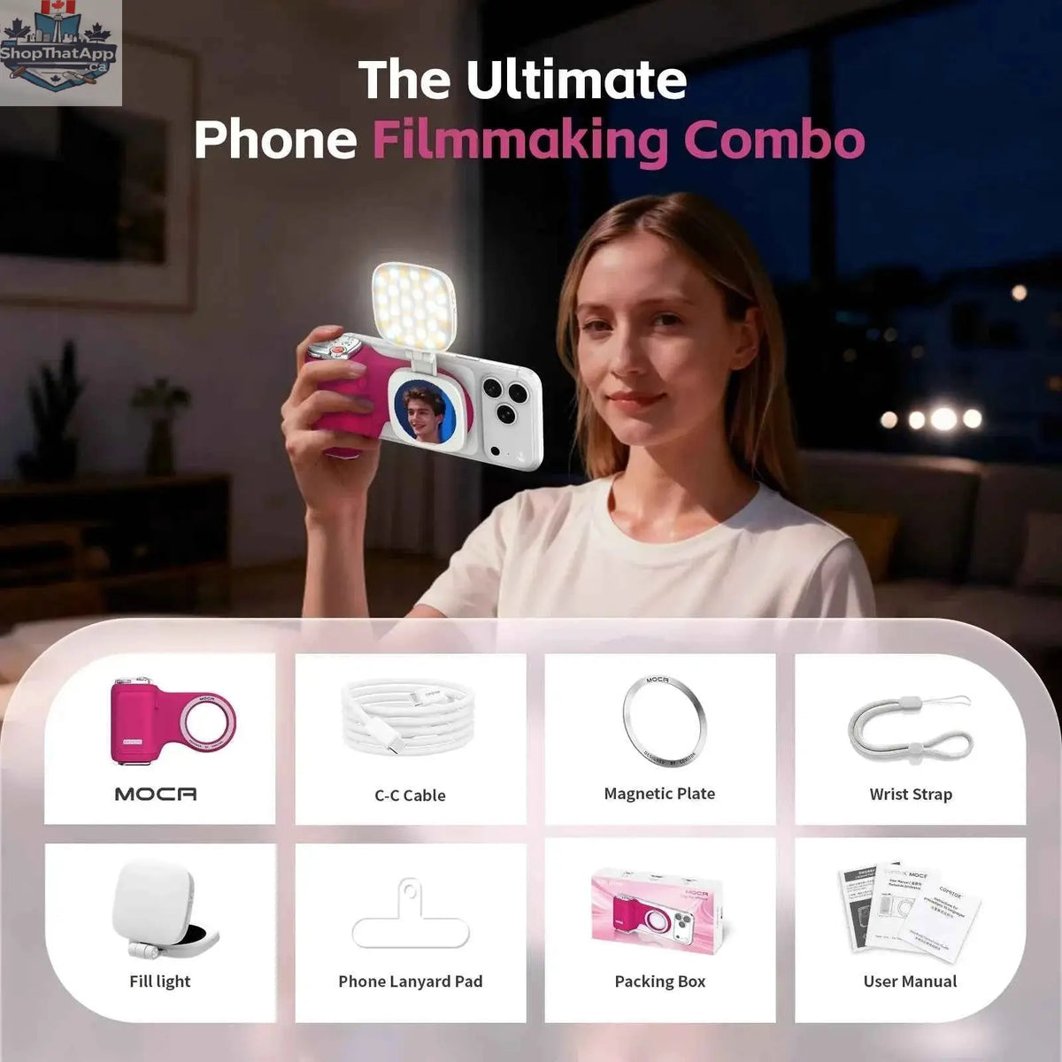COMITOK MOCA iPhone shooting grip by 777tech with detachable Bluetooth remote, fill light, mirror, and DSLR shutter and focus lock.