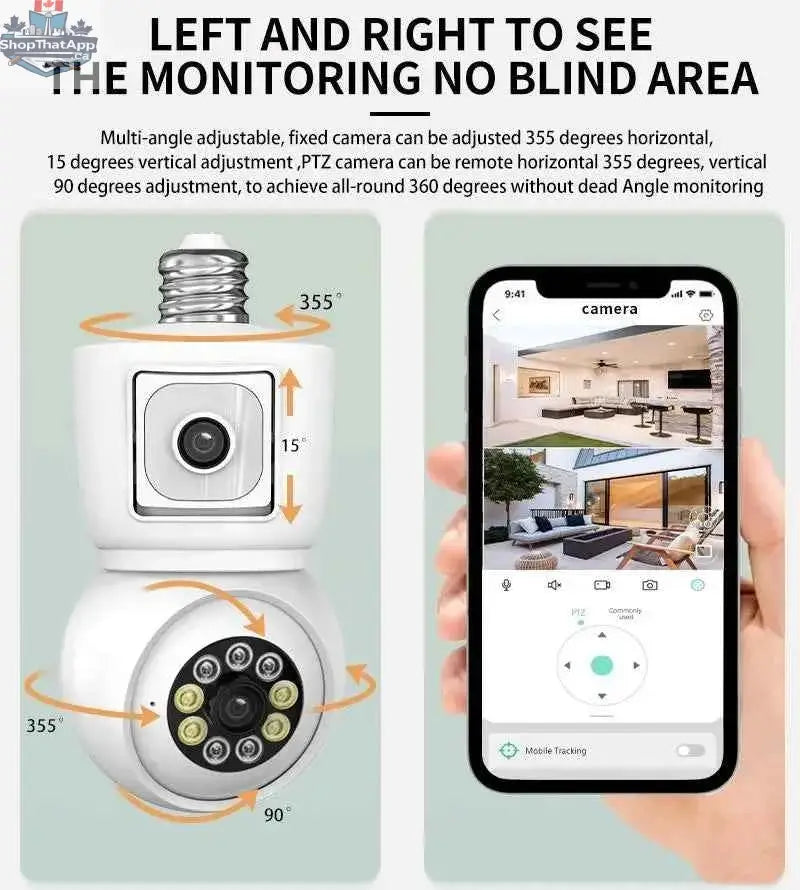 777tech 8MP WiFi bulb camera with 4K dual lens, night vision, auto tracking, two-way audio, and CCTV security features.