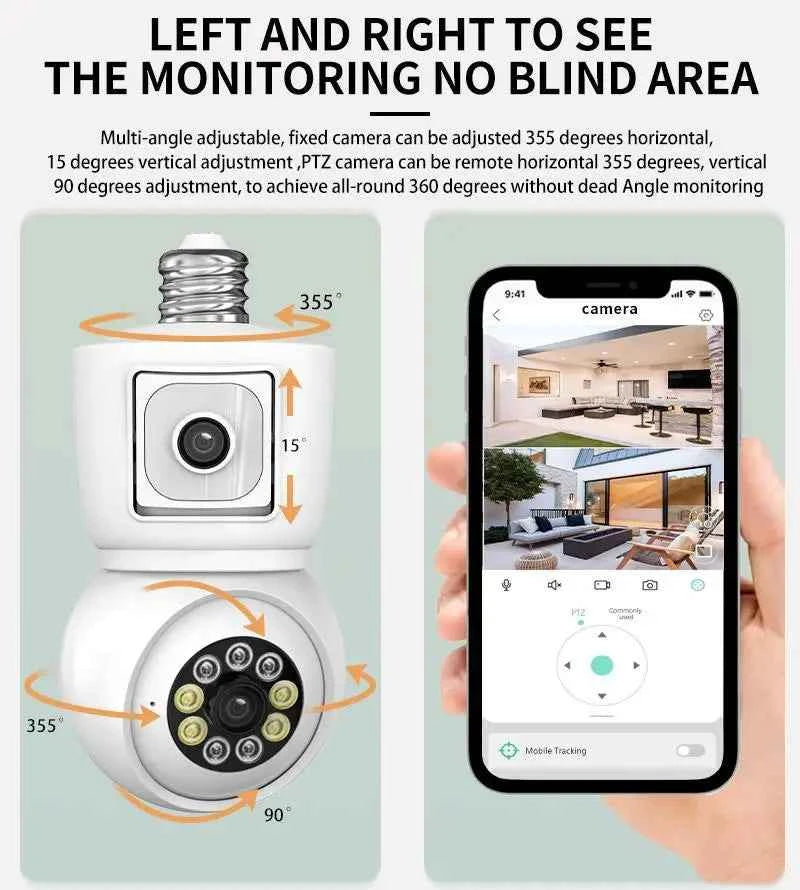 8MP E27 Bulb WiFi Camera 4K Dual Lens Dual Screen Cam Auto Tracking Two Way Audio Night Vision CCTV Security Protection ICSEE