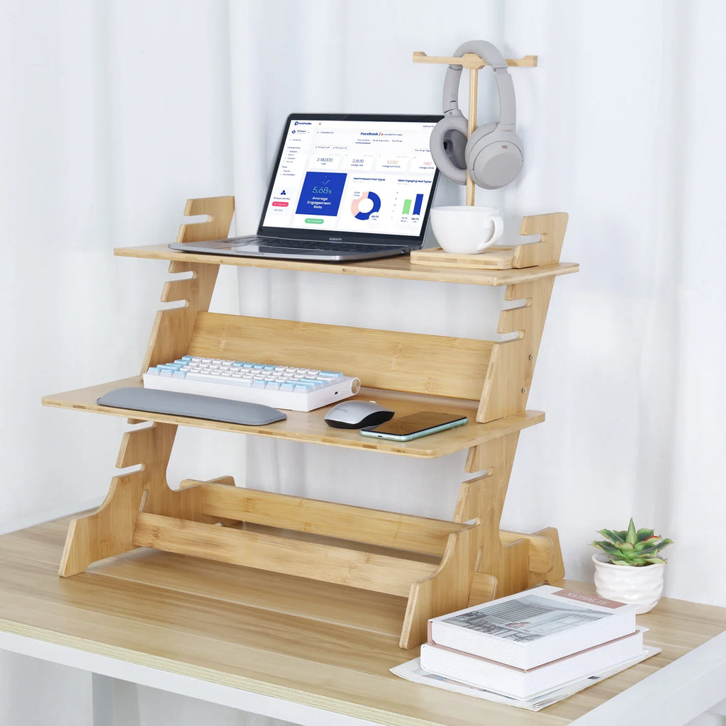 Bamboo Standing Computer Desk Monitor Stand Riser Stand Steady Up Adjustable Height Desktop Laptop Workstation Converter