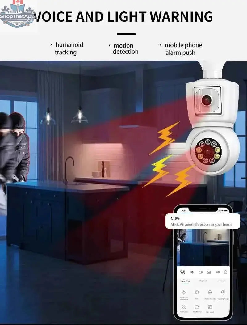 777tech 8MP WiFi camera bulb with 4K dual lens, auto tracking, two-way audio, night vision, and CCTV security features.