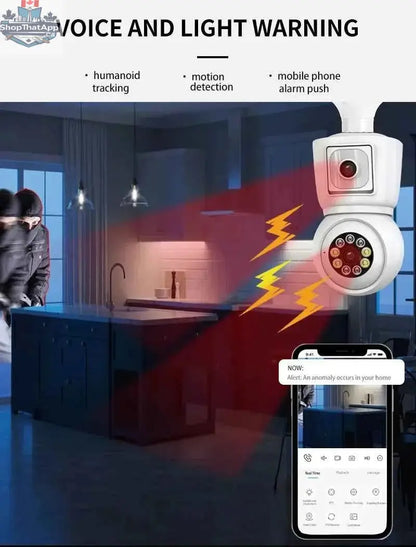 777tech 8MP WiFi camera bulb with 4K dual lens, auto tracking, two-way audio, night vision, and CCTV security features.