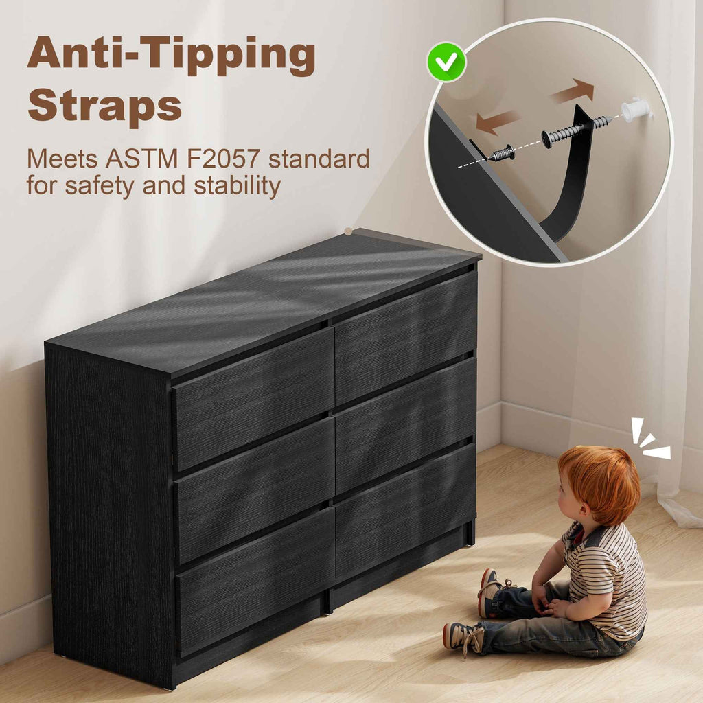 River 6 Drawer Dresser for Bedroom, Living Room or Hallway-Black