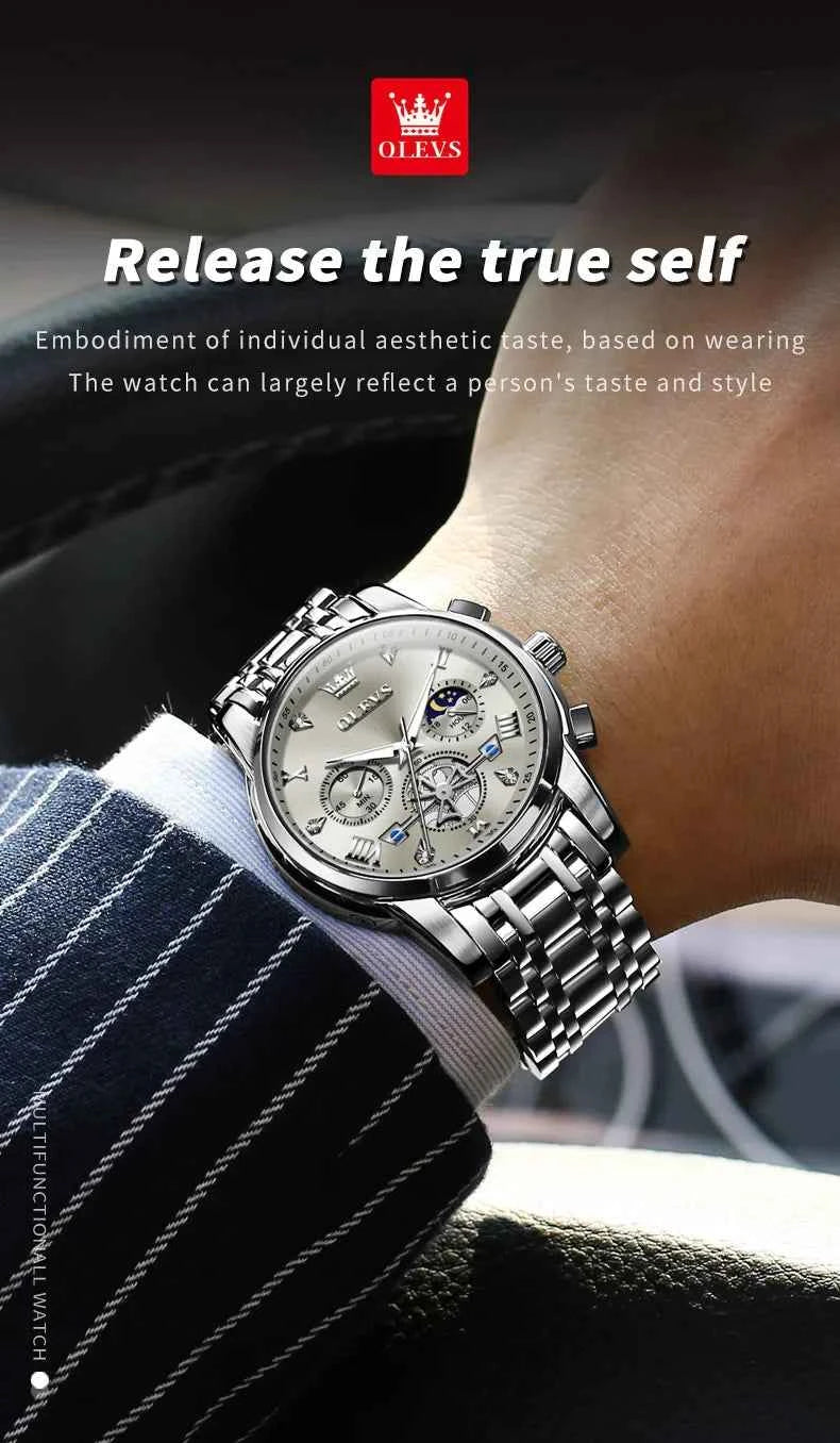 OLEVS Men's Watches Classic Multifunctional Fltwheel Chronograph Original Quartz Wristwatch Moon Phase 24 Hour Waterproof reloj