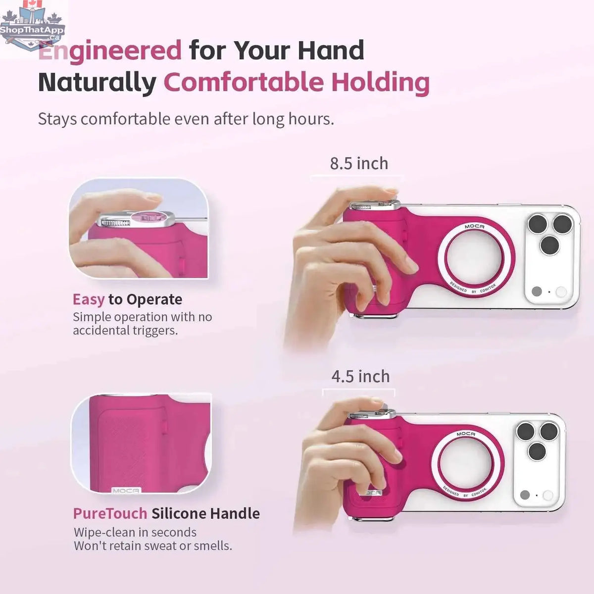 COMITOK MOCA iPhone shooting grip by 777tech with detachable Bluetooth remote, fill light, mirror, and DSLR shutter/focus lock.
