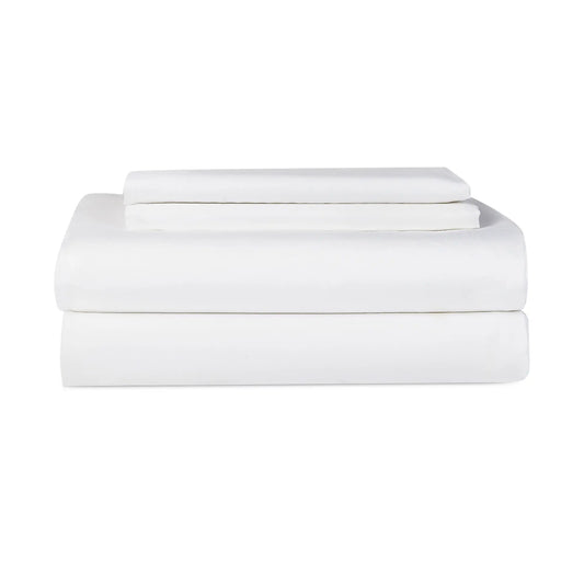 White Skylark+Owl Canada satin sheet set with smooth, luxurious sateen fabric, perfect for a comfortable bedroom experience.