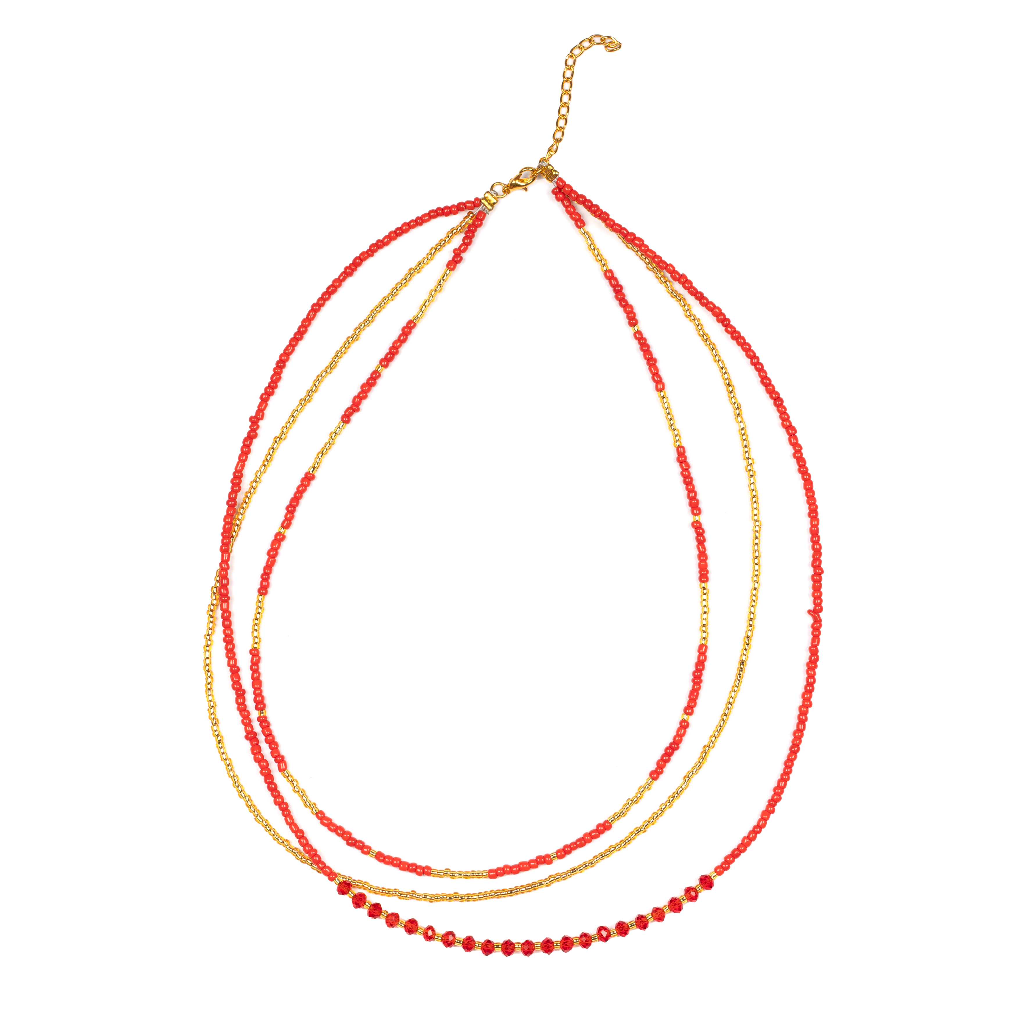 Triple Strand Red and Gold Necklace with Crystal Bead - Shopthatapp.ca