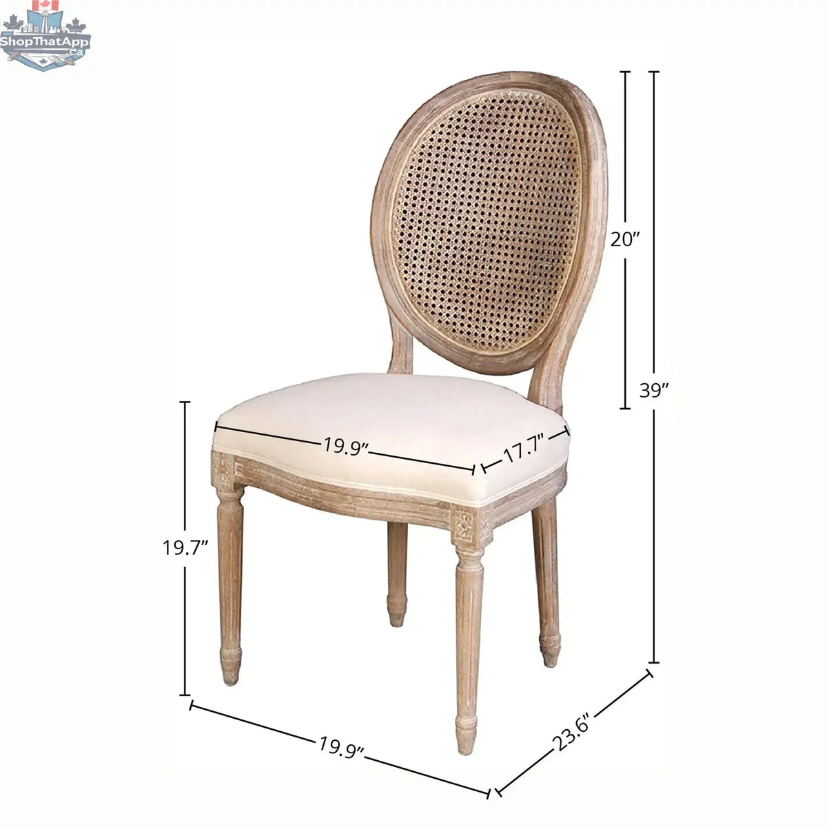 Hygge Design House Napoleon dining chair with cane back and antique linen upholstery, stylish and elegant seating for dining rooms.