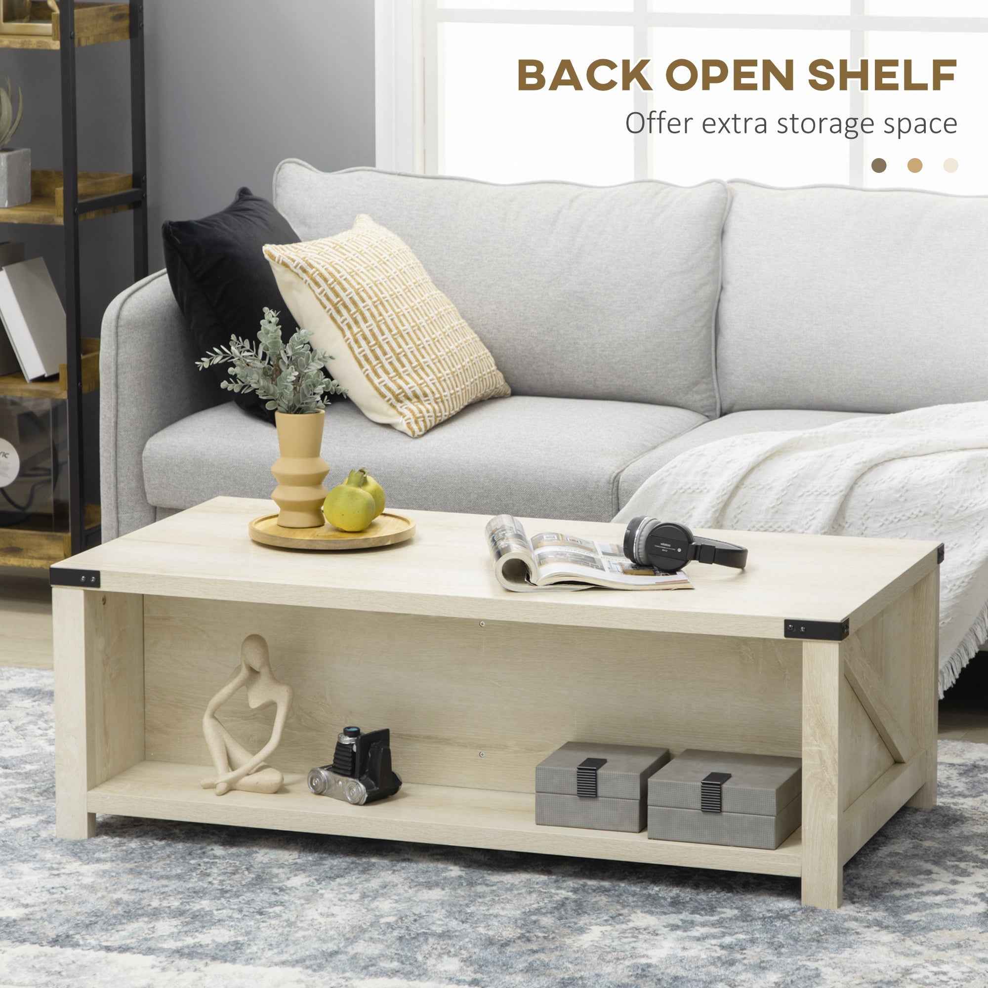 Lowen Farmhouse Coffee Table with Drawer and Open Storage Shelf-White Oak