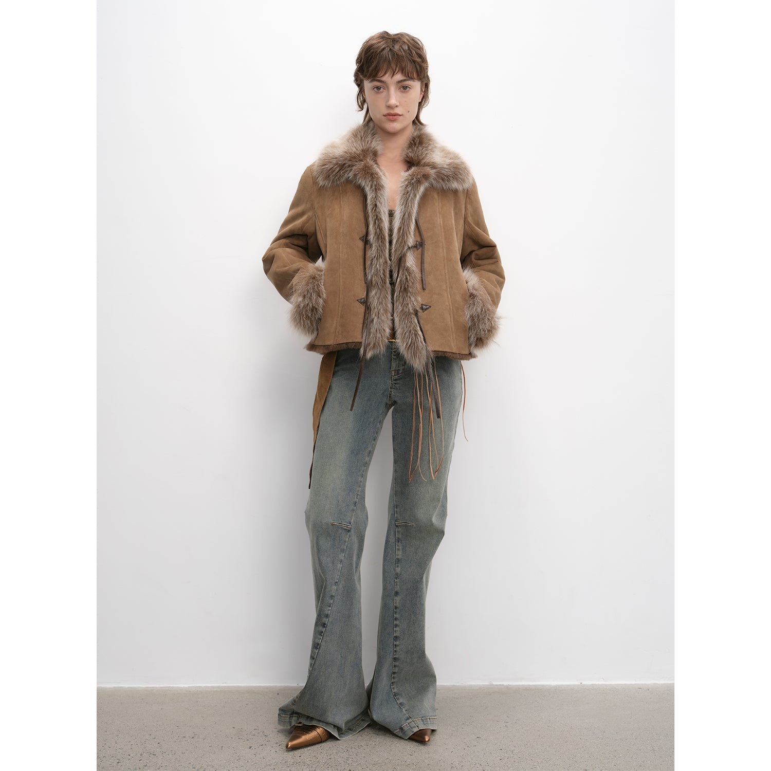 Florence Merino Wool Fur Coat with Imported Sheepskin Patchwork Fox Fur Collar for Winter