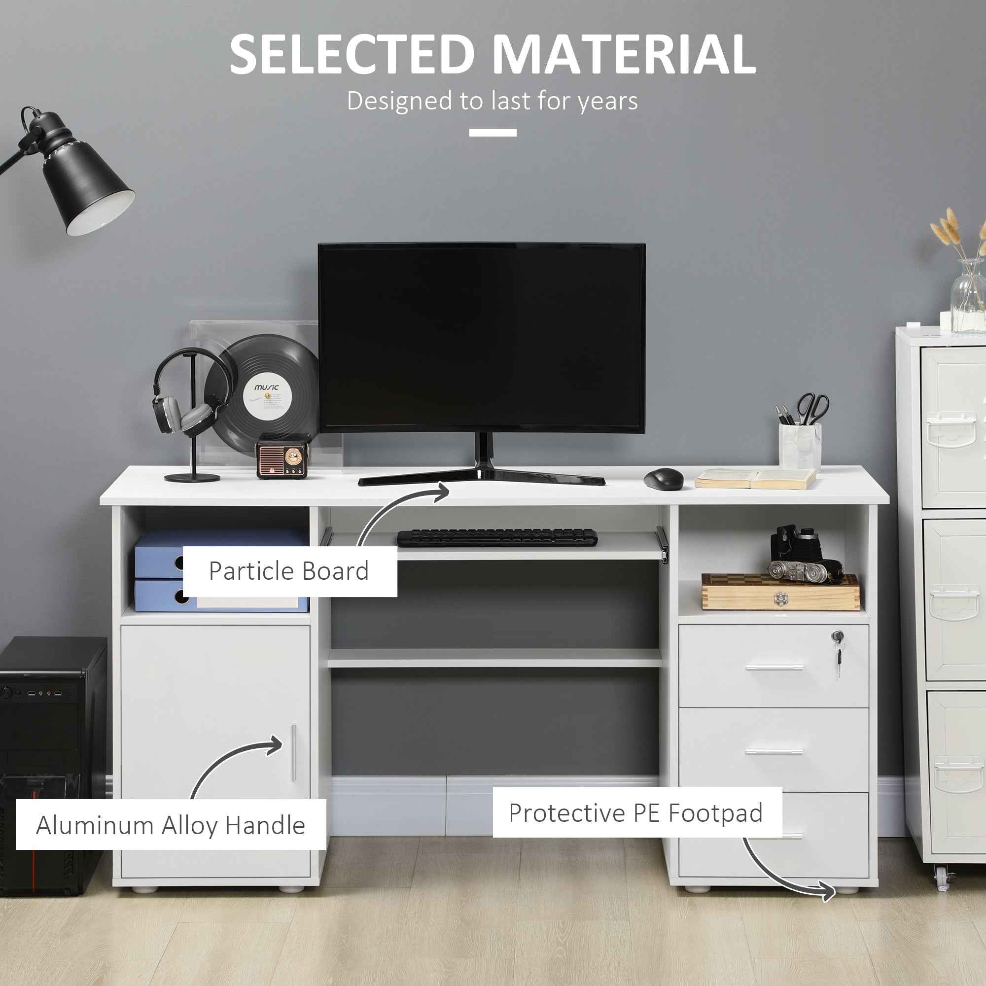 Bloom 57" Computer Desk with Keyboard Tray and Storage Drawers-White