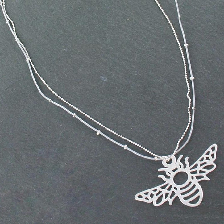 Double Stranded Necklace with Bee Pendant - Silver Plate Bee Pendant Double Strand Necklace - Shopthatapp.ca