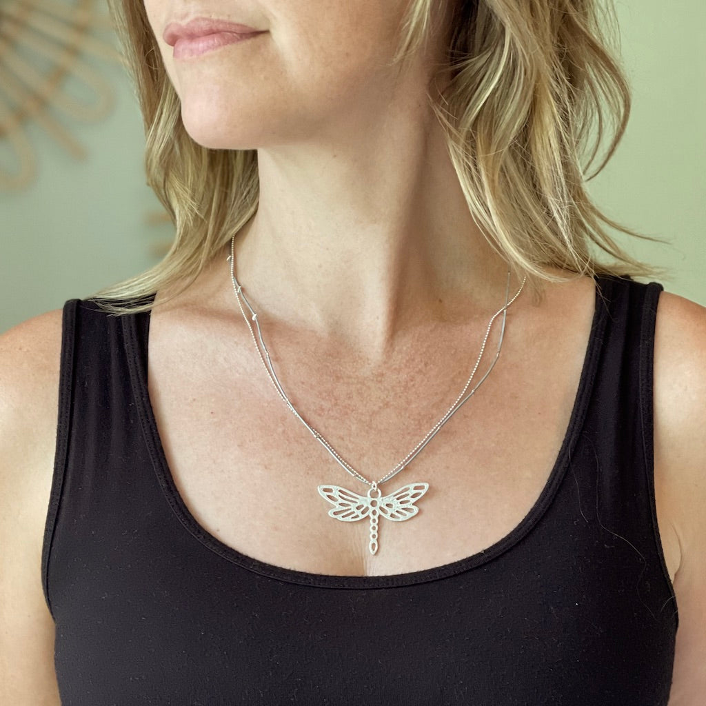 Double Strand Dragonfly Necklace with Silver Plate Pendant - Shopthatapp.ca