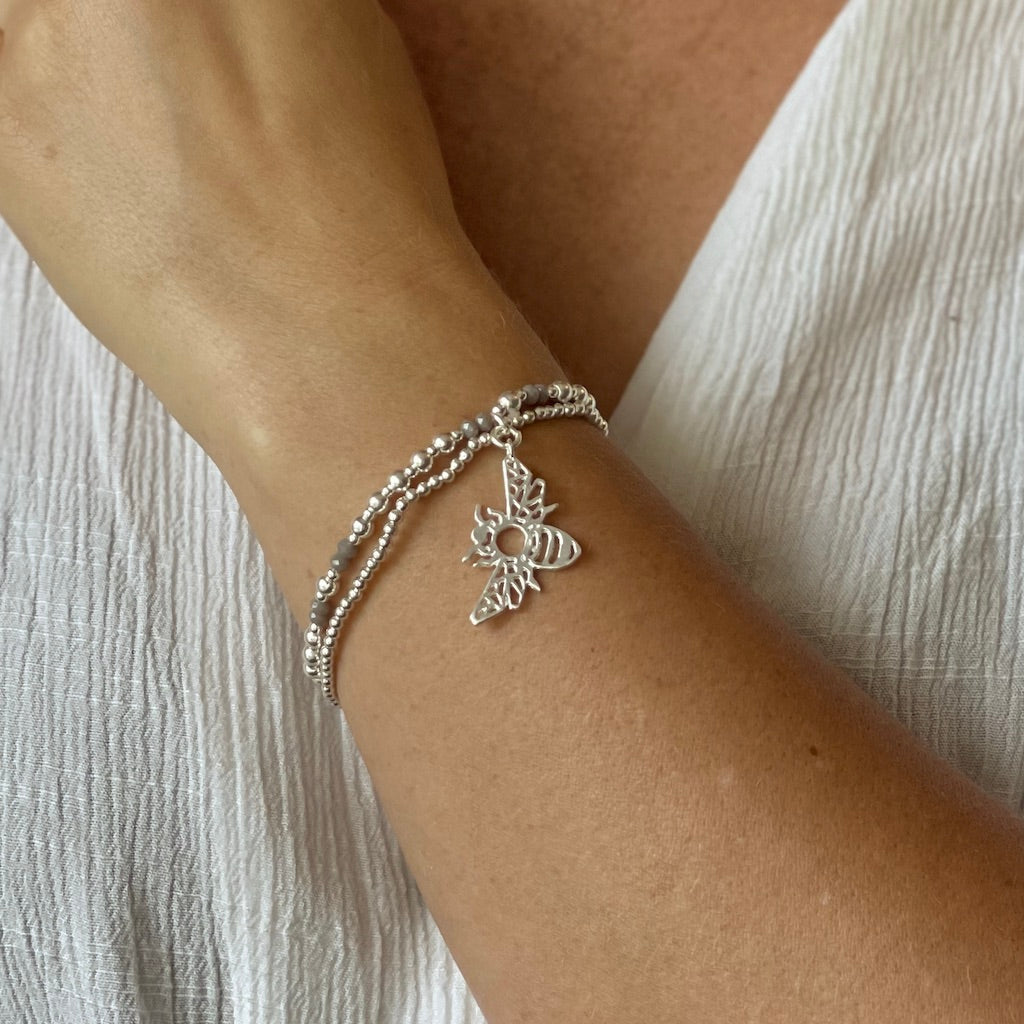 Double Strand Bee Pendant Silver Bracelet in Silver Plate - Shopthatapp.ca