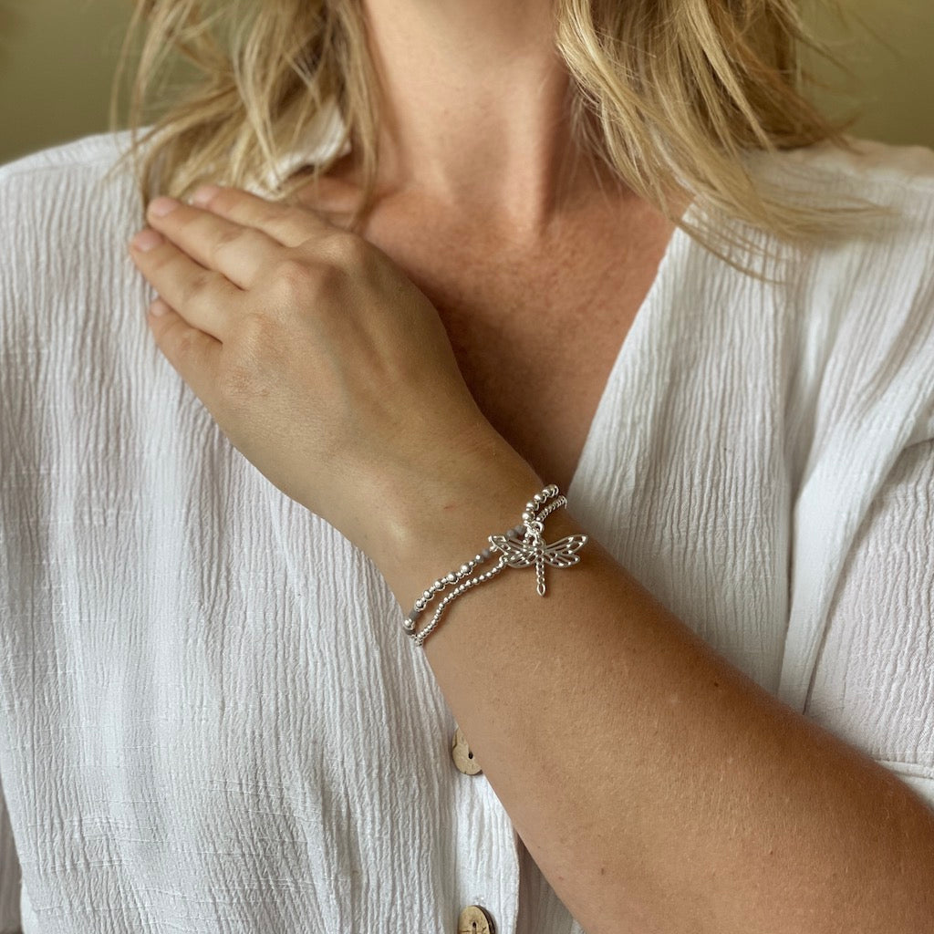Double Strand Bracelet Dragonfly Pendant in Silver Plate - Shopthatapp.ca