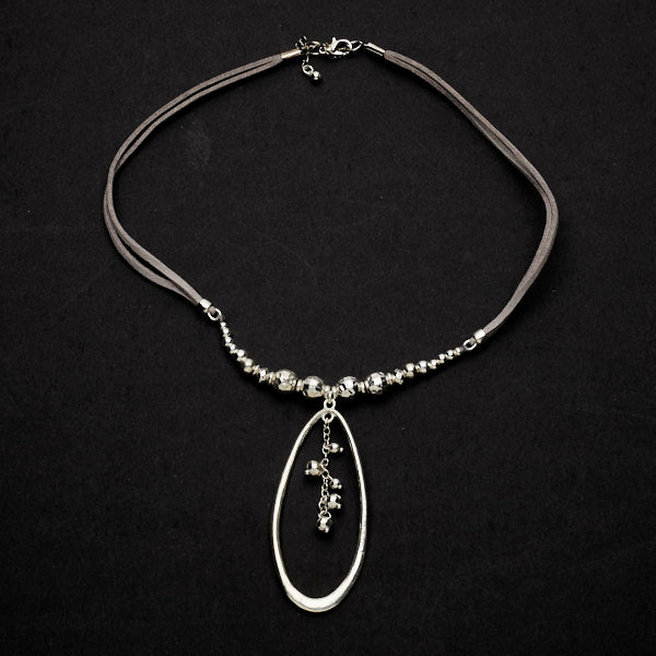 Silver Beaded Pendant Necklace with Suede Strap and Oval Silver Plate - Shopthatapp.ca