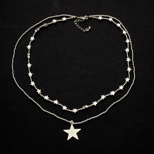 Silver Star Charm Necklace - Double Strand Style with Elegant Plate Design - Shopthatapp.ca