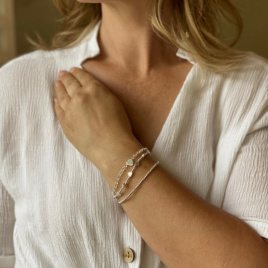 Silver Heart Charm Bracelet - Multi Strand Design with T-Bar Closure - Shopthatapp.ca
