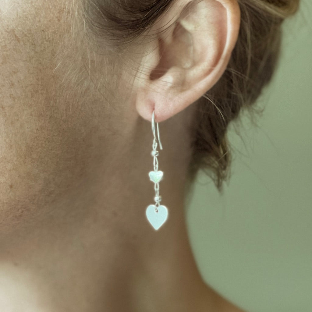 Silver Heart Charm Earrings with Double Drop Design - Shopthatapp.ca