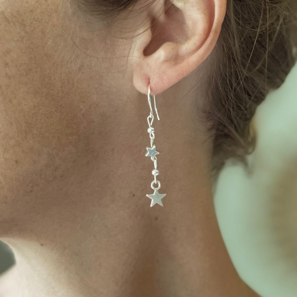 Silver Star Drop Earrings with Double Drop Design - Charming Silver Plate Accessories - Shopthatapp.ca