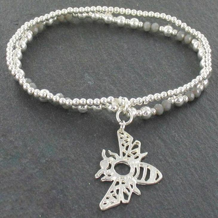 Double Strand Bee Pendant Silver Bracelet in Silver Plate - Shopthatapp.ca