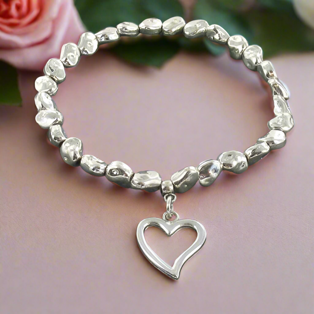 Heart Charm Nugget Bracelet in Silver Plate - Shopthatapp.ca