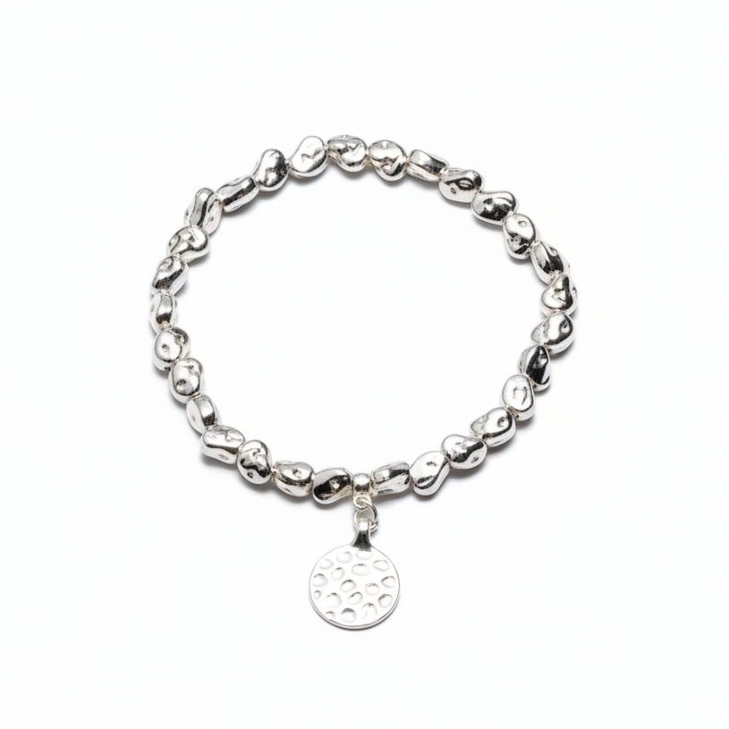 Beaten Circle Charm Nugget Bracelet in Silver Plate - Elegant Silver Plated Charm Bracelet - Shopthatapp.ca