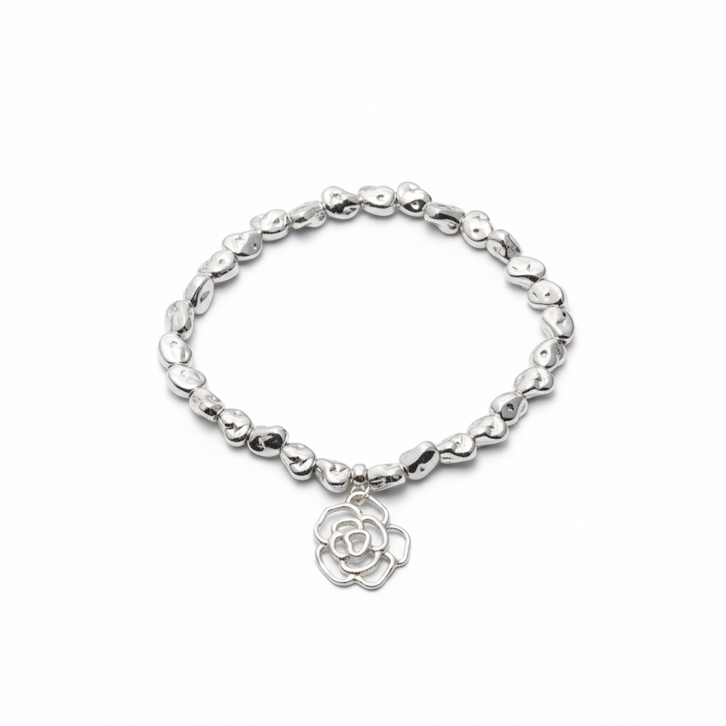 Rose Charm Bracelet Silver Plate - Elegant Nugget Design - Shopthatapp.ca