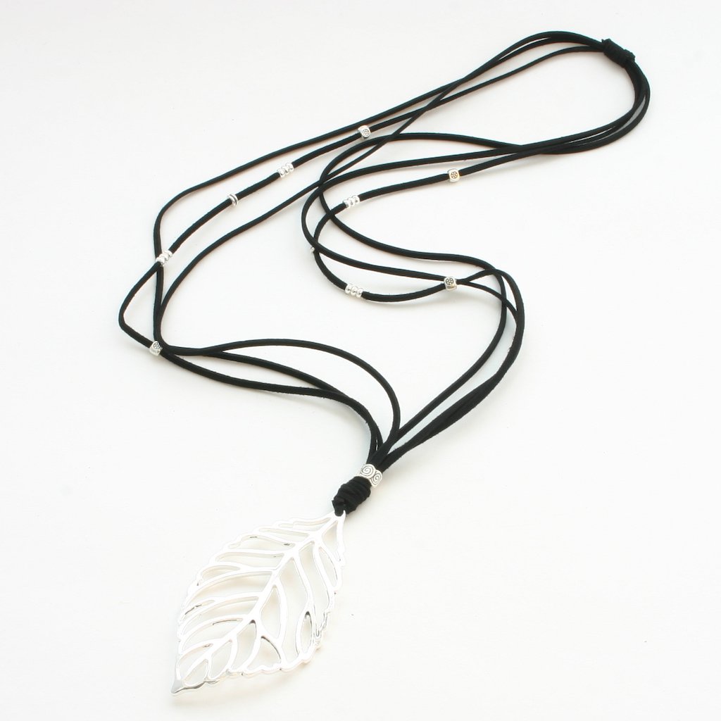 Suede Necklace With Leaf Pendant In Silver Plate - Shopthatapp.ca