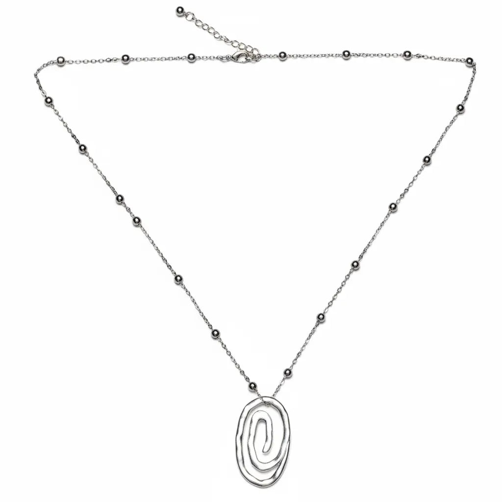 Silver swirl pendant necklace on chain by Suzie Blue Canada, featuring a shiny silver plate design.
