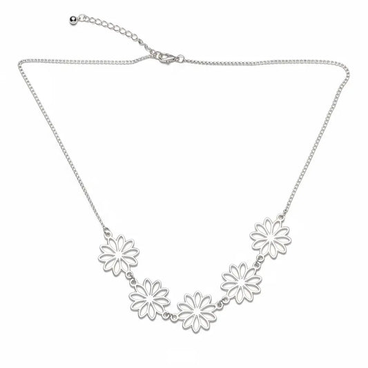 Silver plated Five Flower Necklace by Suzie Blue Canada featuring elegant floral charms on a delicate chain.