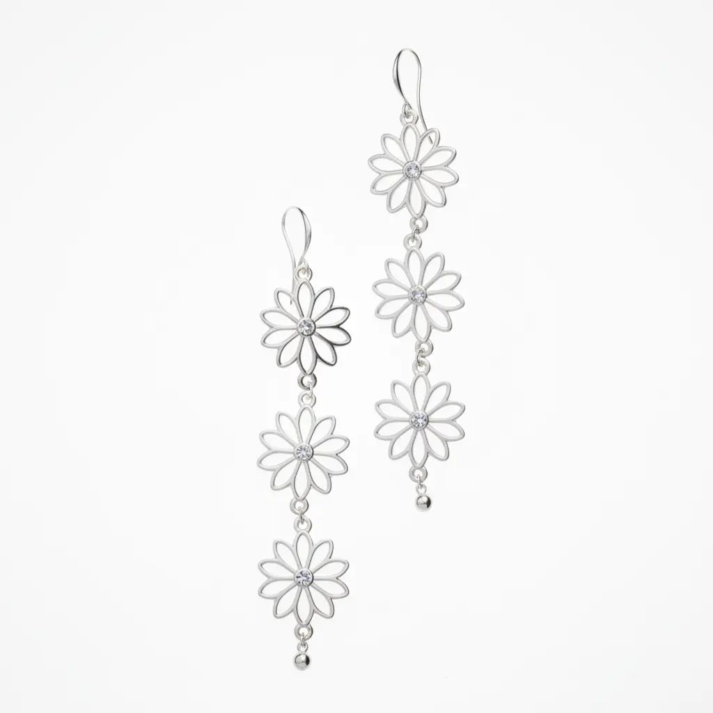 Silver plate triple flower drop earrings with delicate petal details, designed by Suzie Blue Canada.