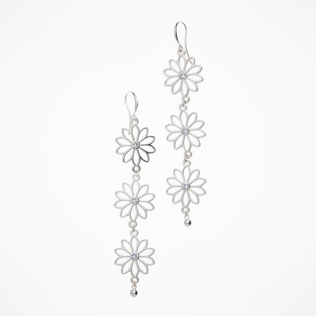 Triple Flower Drop Earrings In Silver Plate - Shopthatapp.ca