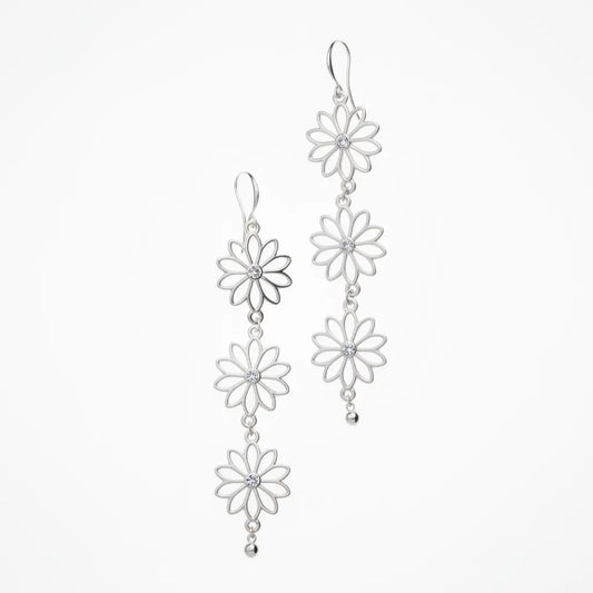 Silver plate triple flower drop earrings with delicate petal details, designed by Suzie Blue Canada.
