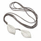Silver-plated double leaf necklace on suede cord by Suzie Blue Canada, showcasing detailed leaf design and elegant craftsmanship.