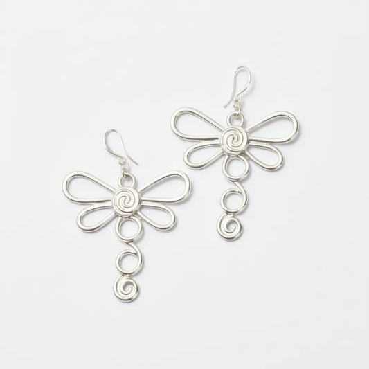 Large silver plate dragonfly earrings with intricate wing details, stylish and lightweight jewelry by Suzie Blue Canada.