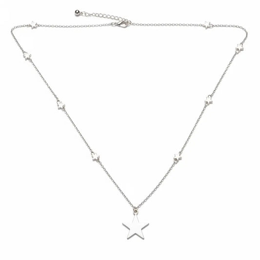 Silver plated star chain necklace by Suzie Blue Canada featuring a star on star design, stylish jewelry accessory.